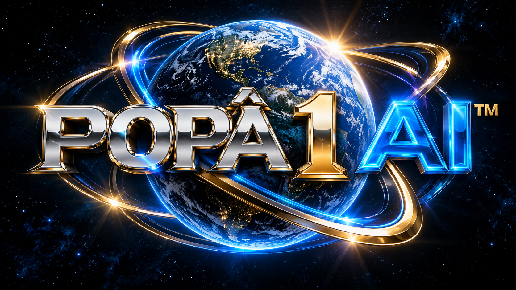 Popâ 1 AI trademark logo featuring Earth and blue and gold orbital rings